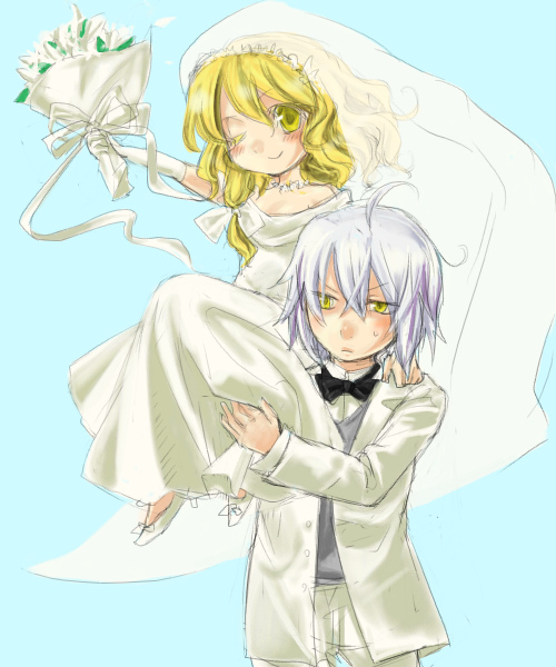 ono mochiko, kirisame marisa, morichika rinnosuke, touhou, 1boy, 1girl, blonde hair, bow, bowtie, bride, carrying, couple, dress, flower, hetero, plant, simple background, towel, wedding, wedding dress