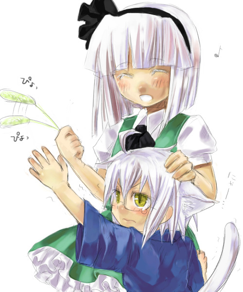 ono mochiko, konpaku youmu, morichika rinnosuke, touhou, 1boy, 1girl, aged down, animal ears, cat ears, cat tail, skirt, tail, upper body, white background