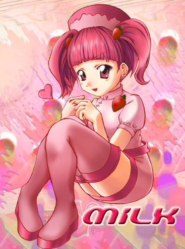 milk (pop'n music), bemani, pop'n music, lowres, 1girl, english text, female focus, food, food-themed clothes, fruit, heart, pigeon-toed, pink hair, pink thighhighs, short sleeves, solo, strawberry, thighhighs, zettai ryouiki