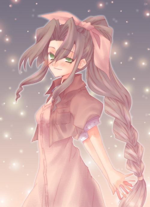 kokono coco, aerith gainsborough, final fantasy, final fantasy vii, 1990s (style), 1girl, bow, cropped jacket, dress, female focus, glowing, jacket, long hair, pink bow, pink dress, retro artstyle, solo, very long hair