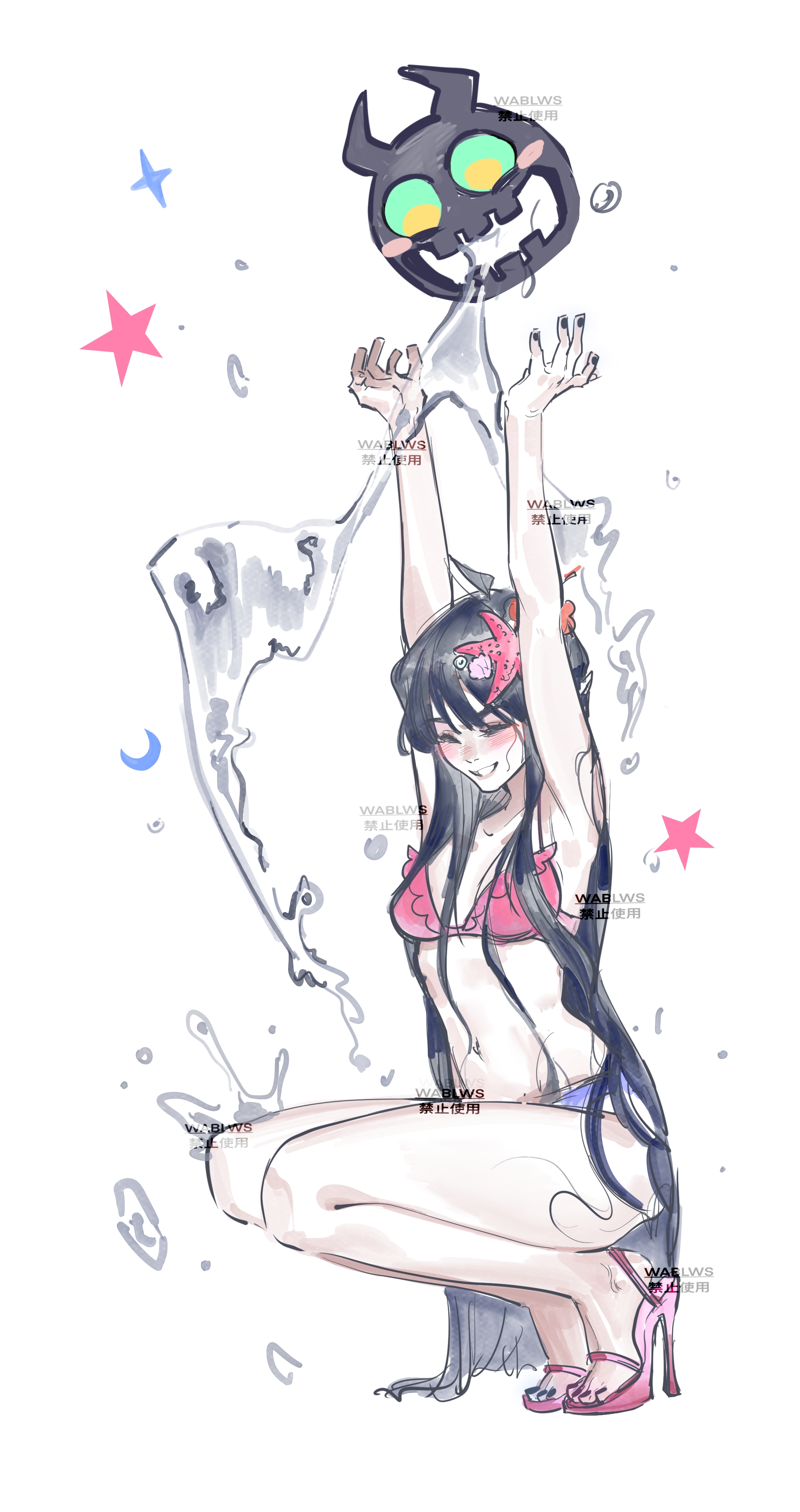 kaili (aotu world), aotu world, absurdres, chinese commentary, highres, 1girl, ahoge, alternate costume, armpits, arms up, bikini, black hair, black nails, blush, breasts, cleavage, closed eyes, creature, crescent, flower, full body, grin, hair flower, hair ornament, high heels, long hair, looking at viewer, medium breasts, nail polish, navel, old bone (aotu world), one eye closed, pink bikini, pink shoes, pointy ears, sandals, shoes, simple background, smile, solo, splashing, squatting, star (symbol), star hair ornament, swimsuit, toenail polish, toenails, toes, very long hair, wabao laowusuo, water, watermark, wet, wet hair, white background