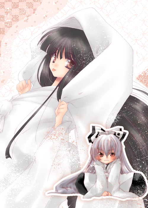 kokono coco, fujiwara no mokou, houraisan kaguya, touhou, 2girls, :p, alternate costume, blush, bride, brown eyes, checkered background, chibi, clothes grab, female focus, hair ribbon, japanese clothes, kimono, long hair, multiple girls, ribbon, tongue, tongue out, uchikake, very long hair, wedding, white kimono, yuri