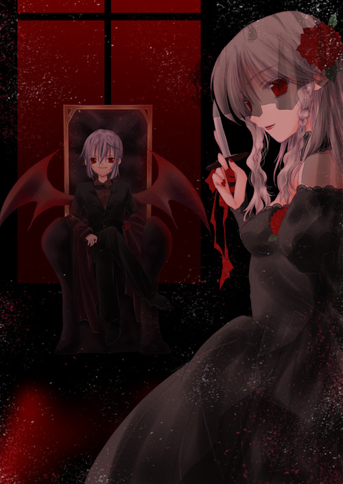 kokono coco, izayoi sakuya, remilia scarlet, touhou, silver hair, 2girls, bat wings, black dress, braid, cowboy shot, crossed legs, dagger, dress, female focus, from side, hair ornament, hairpin, holding, holding weapon, indoors, knife, long sleeves, looking back, multiple girls, pants, profile, short hair, sitting, throne, twin braids, weapon, wings