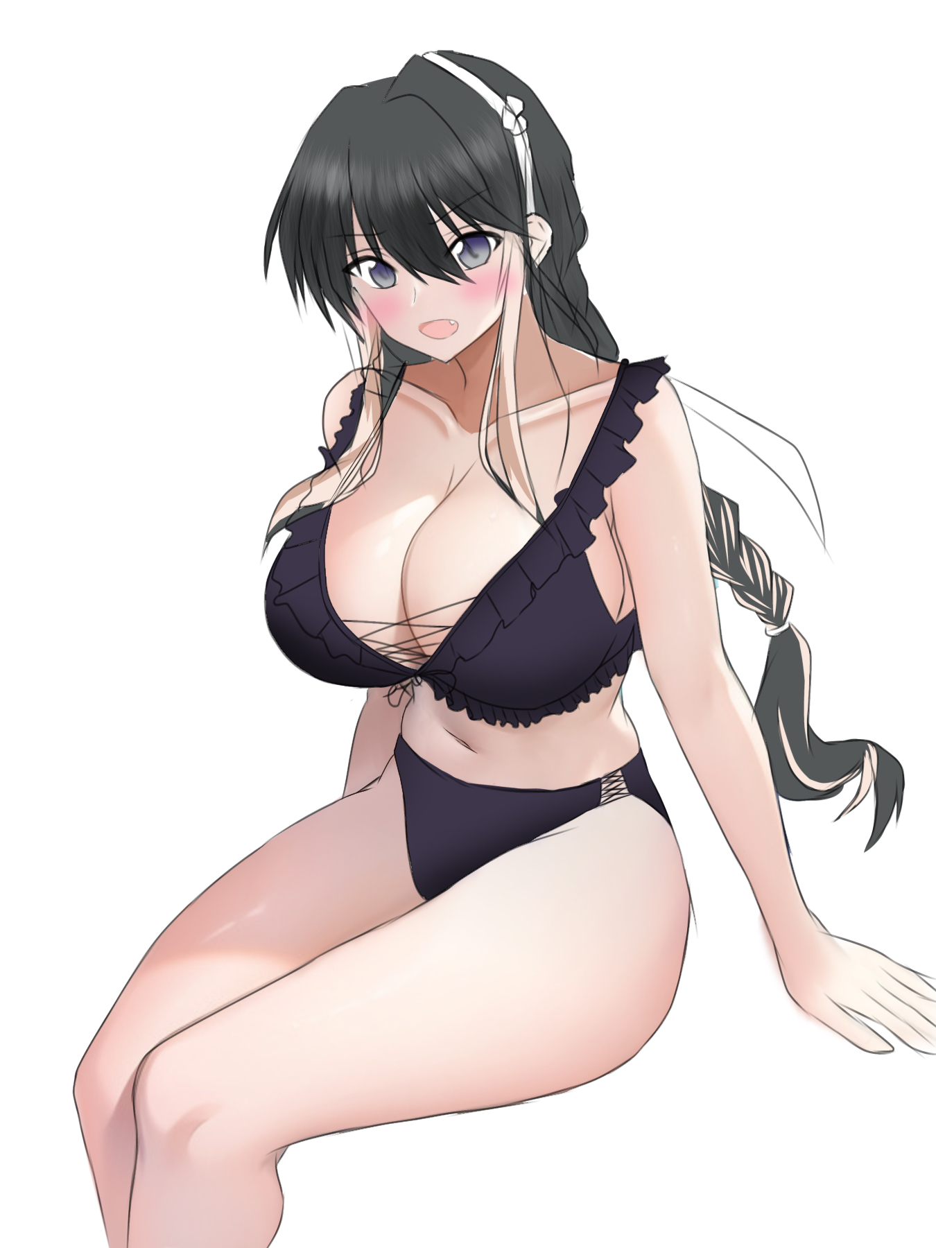 kanoson, naganami (kancolle), naganami kai ni (kancolle), kantai collection, commentary request, highres, 1girl, bikini, black bikini, black hair, braid, breasts, cleavage, criss-cross straps, fang, feet out of frame, frilled bikini, frills, grey eyes, hairband, invisible chair, large breasts, long hair, looking at viewer, low twin braids, multicolored hair, naganami kai ni (swimsuit) (kancolle), pink hair, simple background, sitting, solo, streaked hair, swimsuit, twin braids, two-tone hair, wavy hair, white background, white hairband