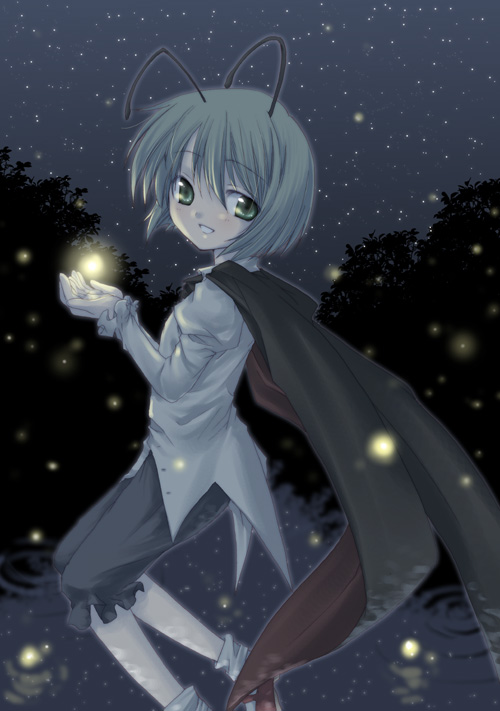 kokono coco, wriggle nightbug, touhou, 1girl, antennae, blouse, bug, cupping hands, female focus, fireflies, firefly, green eyes, green hair, insect, matching hair/eyes, own hands together, red shoes, shirt, shoes, sky, socks, solo, star (sky), starry sky, white shirt, white socks