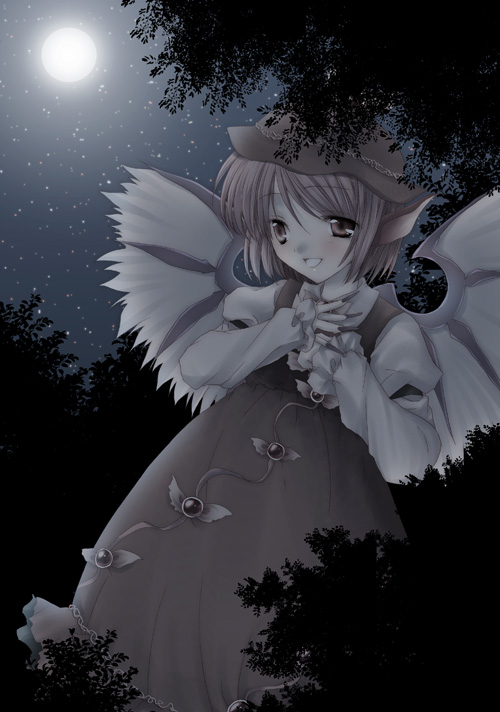 kokono coco, mystia lorelei, touhou, 1girl, animal ears, blush, brown eyes, dress, female focus, fingernails, hat, leaf, long fingernails, moon, nail (hardware), night, night sky, pink hair, short hair, sky, smile, solo, tree, wings