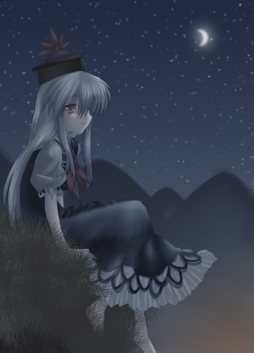 kokono coco, kamishirasawa keine, touhou, kerchief, 1girl, barefoot, cliff, crescent moon, female focus, from side, grass, hat, moon, night, night sky, outdoors, profile, puffy short sleeves, puffy sleeves, red eyes, short sleeves, sitting, sky, solo, star (sky), starry sky, tate eboshi, white hair