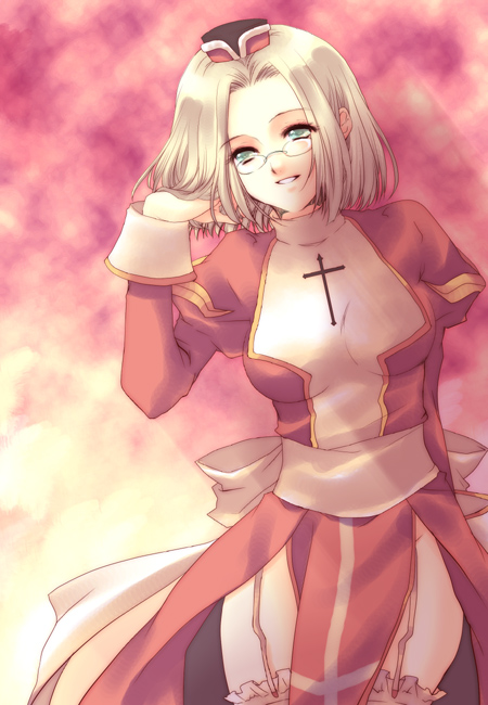 kokono coco, acolyte (ragnarok online), high priest (ragnarok online), ragnarok online, blonde hair, cross, dress, glasses, green eyes, latin cross, solo, two-tone dress