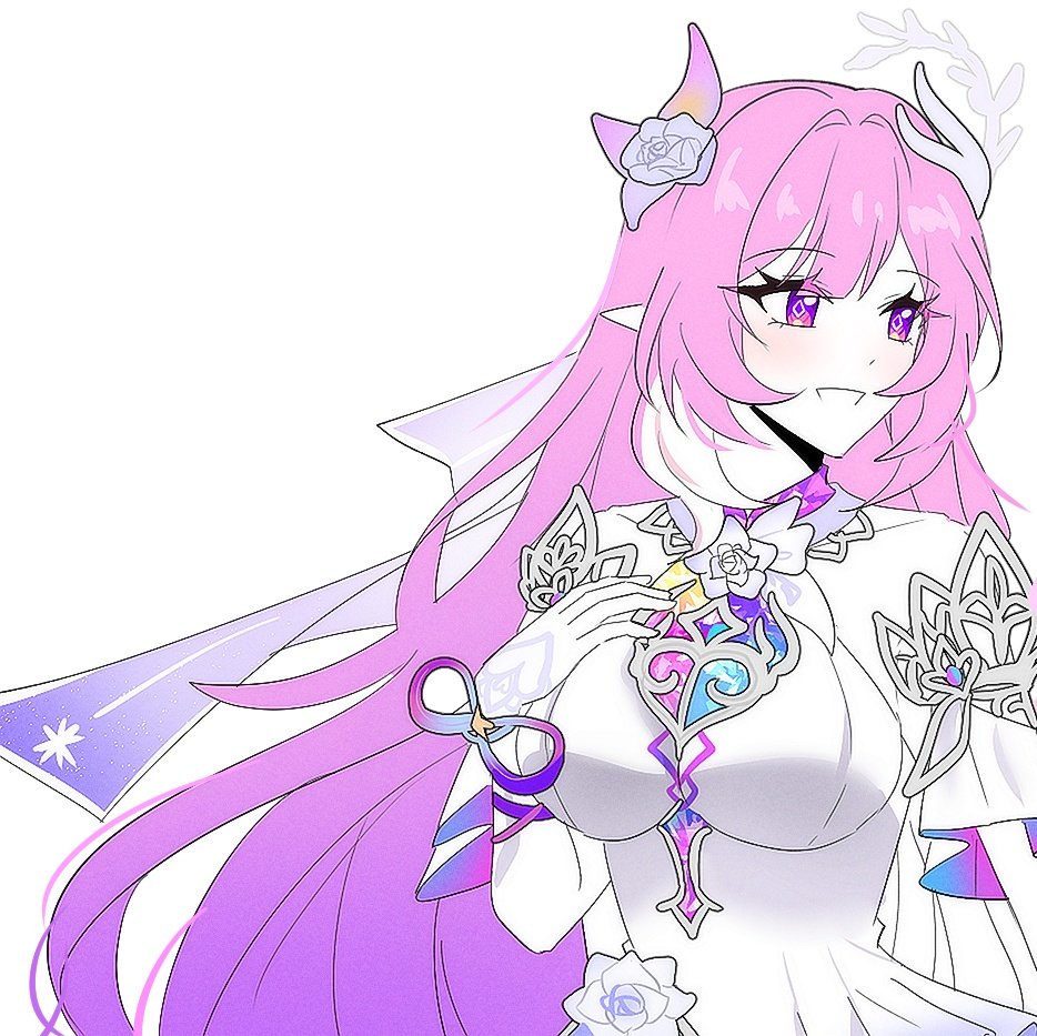 cyrene (honkai: star rail), honkai: star rail, honkai (series), artist request, commentary request, commission, korean commentary, 1girl, breasts, bridal veil, diamond-shaped pupils, diamond (shape), dress, flower, hair flower, hair ornament, large breasts, long hair, looking to the side, multicolored hair, pink hair, pointy ears, purple eyes, simple background, smile, solo, symbol-shaped pupils, two-tone hair, veil, very long hair, white background, white dress, white hair