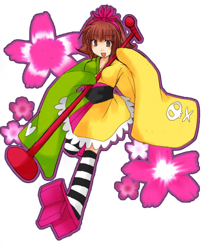 kanako (pop'n music), kanoko (pop'n music), bemani, pop'n music, lowres, 1girl, female focus, flower, geta, japanese clothes, kimono, microphone, microphone stand, solo, tengu-geta, thighhighs, zettai ryouiki