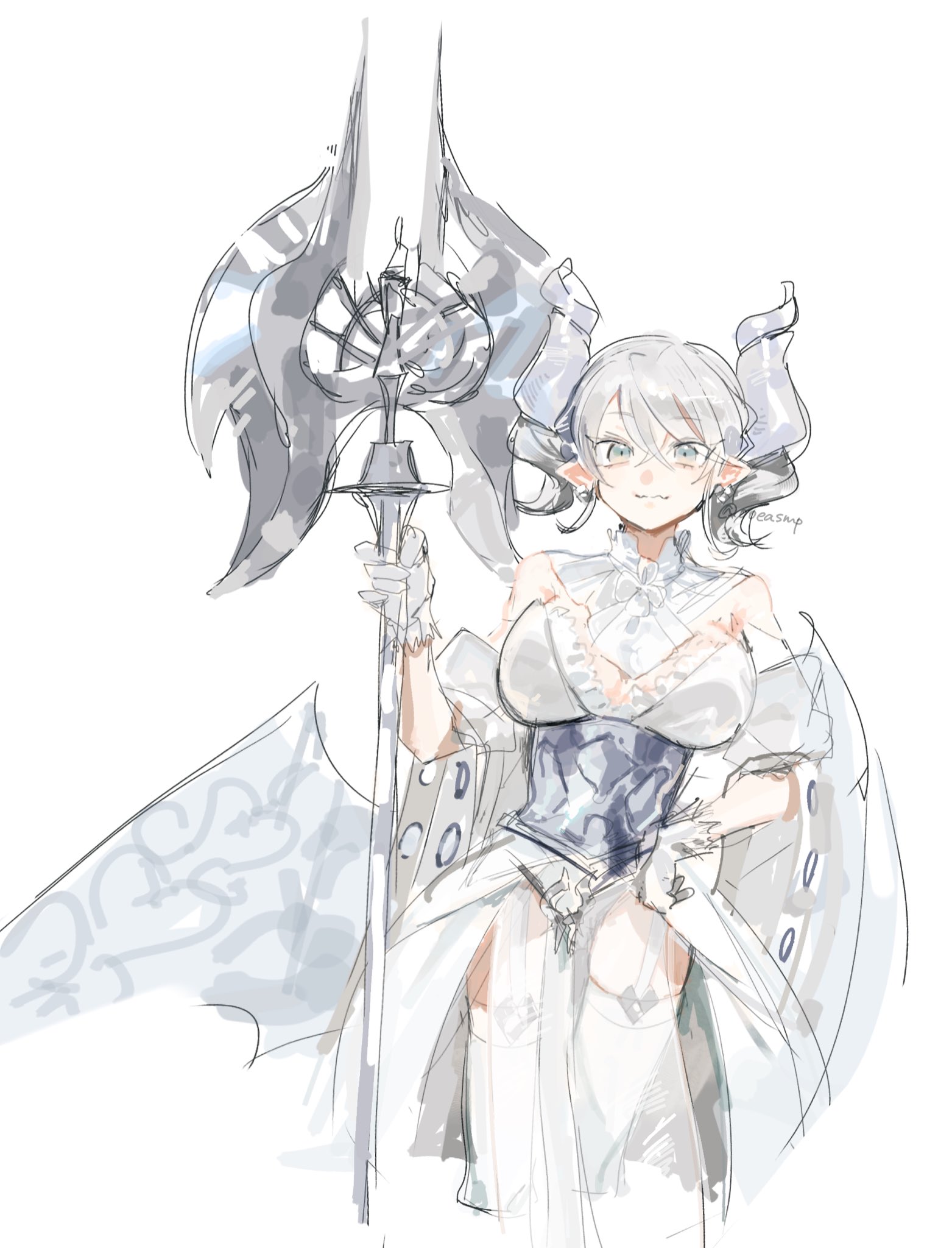 thunder daifuku, lovely labrynth of the silver castle, yu-gi-oh!, highres, 1girl, axe, battle axe, breasts, demon horns, demon wings, dress, duel monster, garter straps, gloves, grey eyes, grey hair, holding, holding axe, horns, large breasts, pointy ears, smile, thighhighs, twitter username, weapon, white dress, white gloves, wings