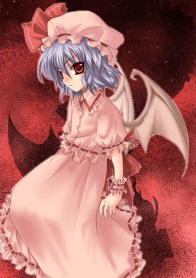 kokono coco, remilia scarlet, touhou, 1girl, bat wings, female focus, gradient background, hat, pink hat, skirt, solo, wings