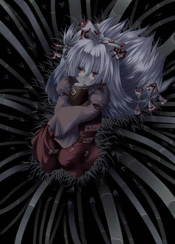 kokono coco, fujiwara no mokou, touhou, silver hair, 1girl, bamboo, bamboo forest, dark, female focus, forest, from above, long hair, long sleeves, looking at viewer, looking up, nature, ofuda, pale skin, pants, red eyes, solo, suspenders, very long hair