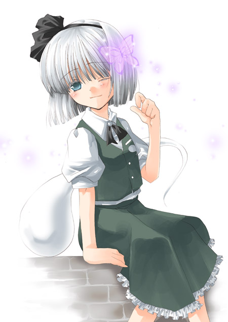 kokono coco, konpaku youmu, konpaku youmu (ghost), touhou, 1girl, blue eyes, blush, bug, butterfly, dress, female focus, hitodama, one eye closed, ribbon, short hair, solo, white hair, wink