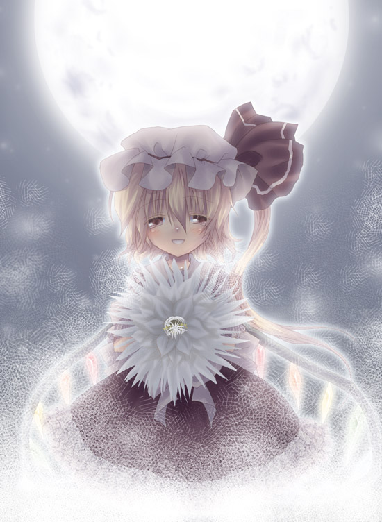 kokono coco, flandre scarlet, touhou, 1girl, :d, blonde hair, blush, brooch, dress, female focus, flower, frills, full moon, gem, grin, half-closed eyes, happy, hat, hat ribbon, holding, holding flower, jewelry, looking at viewer, mob cap, moon, open mouth, red dress, red eyes, red ribbon, ribbon, side ponytail, smile, solo, teeth, wings