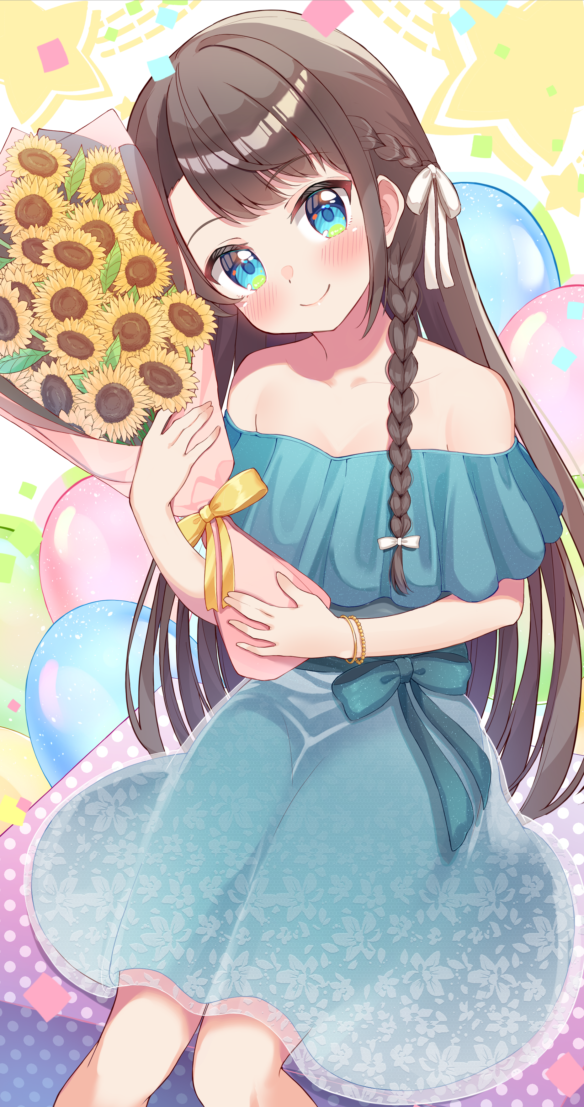 rappi, oozora subaru, hololive, 1girl, aqua dress, balloon, bare shoulders, blue dress, blue eyes, blush, bouquet, bracelet, braid, brown hair, closed mouth, dress, feet out of frame, floral print, flower, frilled dress, frills, green eyes, hair ribbon, half up braid, hand up, head tilt, holding, holding bouquet, jewelry, knees together feet apart, long hair, looking at viewer, multicolored eyes, off-shoulder dress, off shoulder, parted bangs, polka dot, ribbon, see-through clothes, short dress, side braid, sitting, smile, solo, straight hair, sunflower, swept bangs, very long hair, virtual youtuber, waist ribbon, white ribbon, yellow ribbon