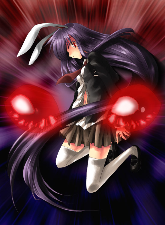 kokono coco, reisen udongein inaba, touhou, 1girl, animal ears, blazer, eye focus, female focus, gradient background, jacket, pleated skirt, rabbit ears, red eyes, skirt, solo, thighhighs, white thighhighs