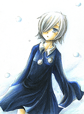 onnanoko, bemani, pop'n music, lowres, blue eyes, dress, snow, solo, white hair