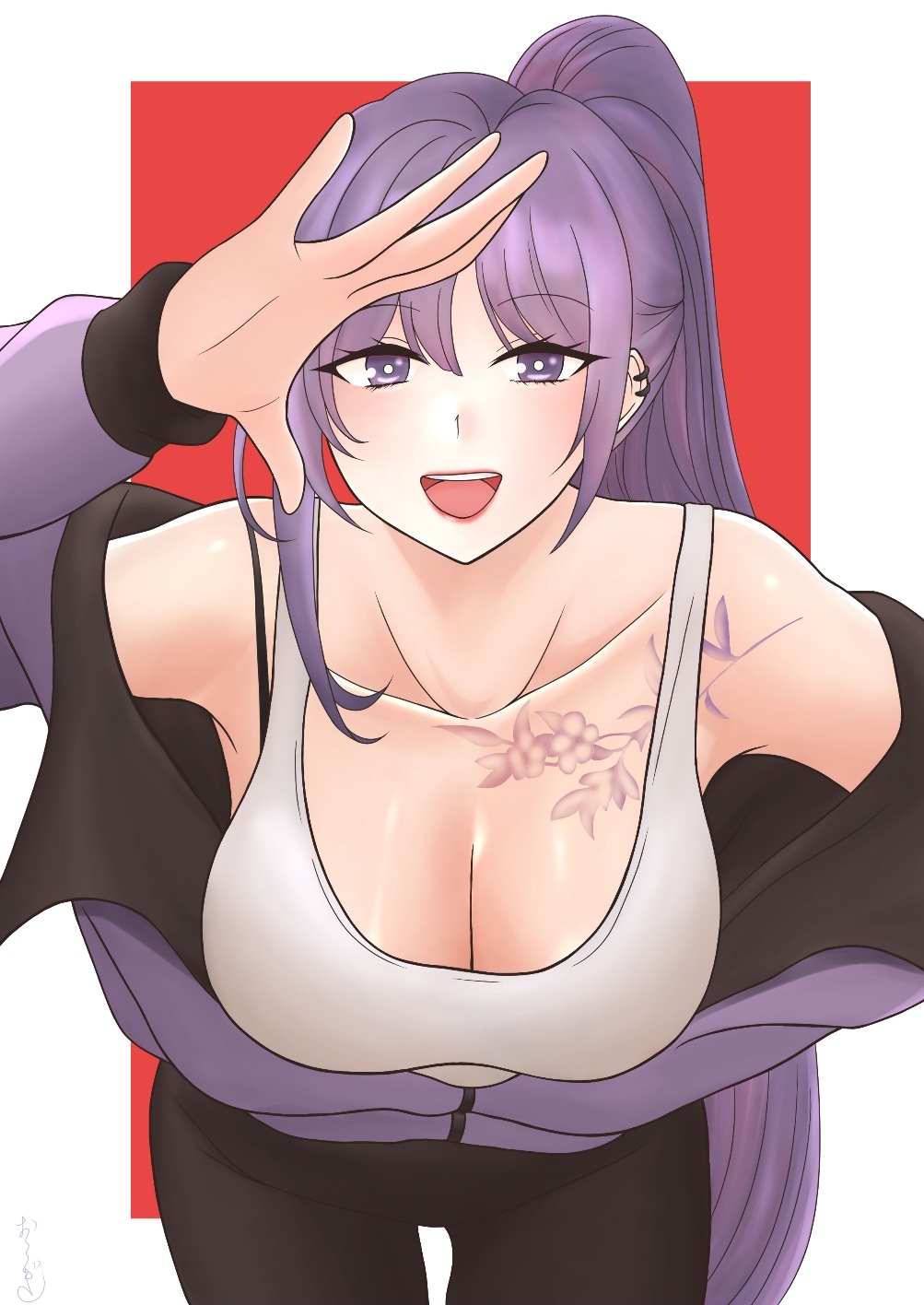 24 himehime, original, commentary, highres, korean commentary, 1girl, arm behind back, bare shoulders, border, breasts, cleavage, collarbone, collarbone tattoo, feet out of frame, flower tattoo, hand up, jacket, leaning forward, light blush, long hair, long sleeves, looking at viewer, medium breasts, open clothes, open jacket, open mouth, pants, parted lips, ponytail, purple eyes, purple hair, purple jacket, red background, salute, shirt, simple background, smile, solo, sportswear, standing, tattoo, teeth, upper teeth only, white border, white shirt, yoga pants
