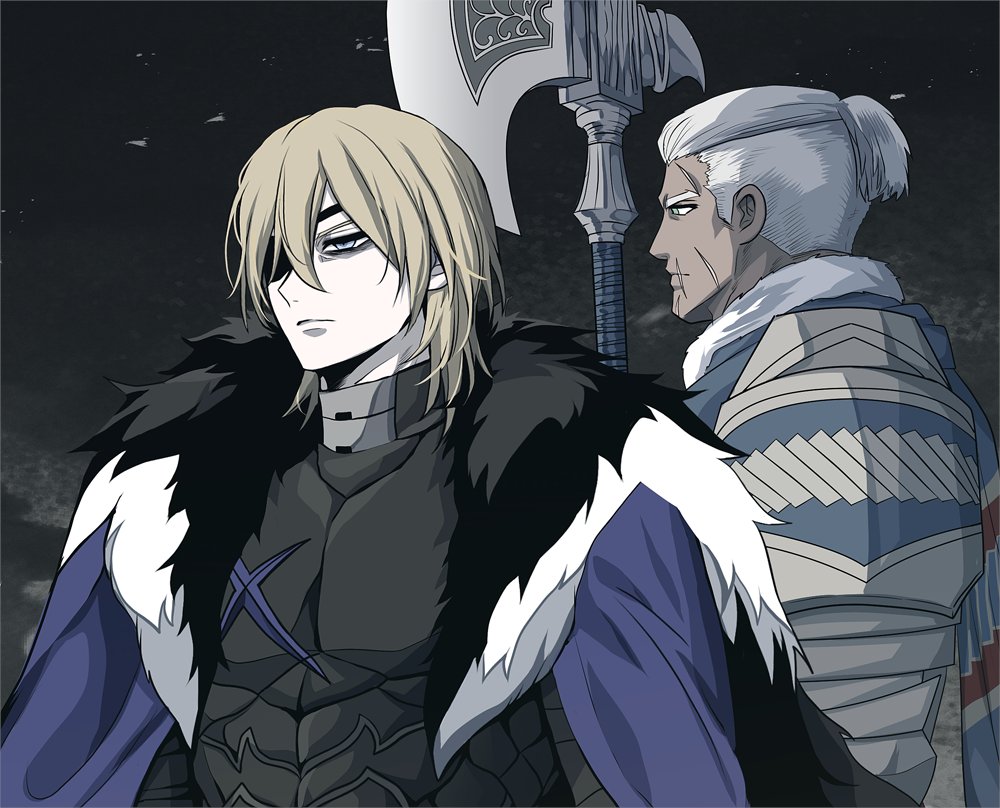 megubiru, dedue molinaro, dedue molinaro (timeskip), dimitri alexandre blaiddyd, dimitri alexandre blaiddyd (timeskip), fire emblem, fire emblem: three houses, nintendo, 2boys, armor, axe, bags under eyes, black armor, black fur, black sky, blonde hair, blue cape, blue eyes, blue scarf, breastplate, cape, closed mouth, dark-skinned male, dark skin, eyepatch, facial scar, frown, fur-trimmed collar, fur trim, male focus, medium hair, multiple boys, multiple scars, night, one eye covered, parted bangs, pauldrons, ponytail, scar, scar on cheek, scar on face, scar on mouth, scarf, short hair, short ponytail, shoulder armor, sideburns, sky, weapon, white fur, white hair