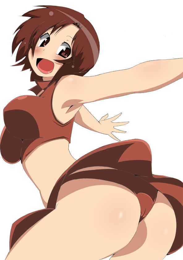 toudori, meiko (vocaloid), vocaloid, 1girl, ass, breasts, brown eyes, brown hair, female focus, large breasts, looking back, open mouth, simple background, smile, solo, upskirt