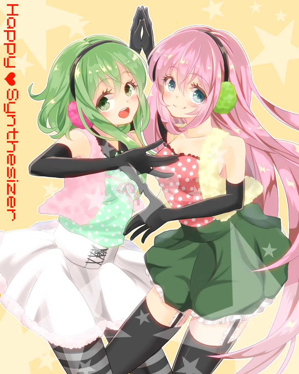 shiina shizuku, gumi, megurine luka, happy synthesizer (vocaloid), vocaloid, highres, 2girls, blue eyes, elbow gloves, fur vest, gloves, green eyes, green hair, headphones, headset, long hair, looking at viewer, multiple girls, open mouth, pantyhose, pink hair, polka dot, polka dot shirt, shirt, short hair, skirt, smile, thighhighs
