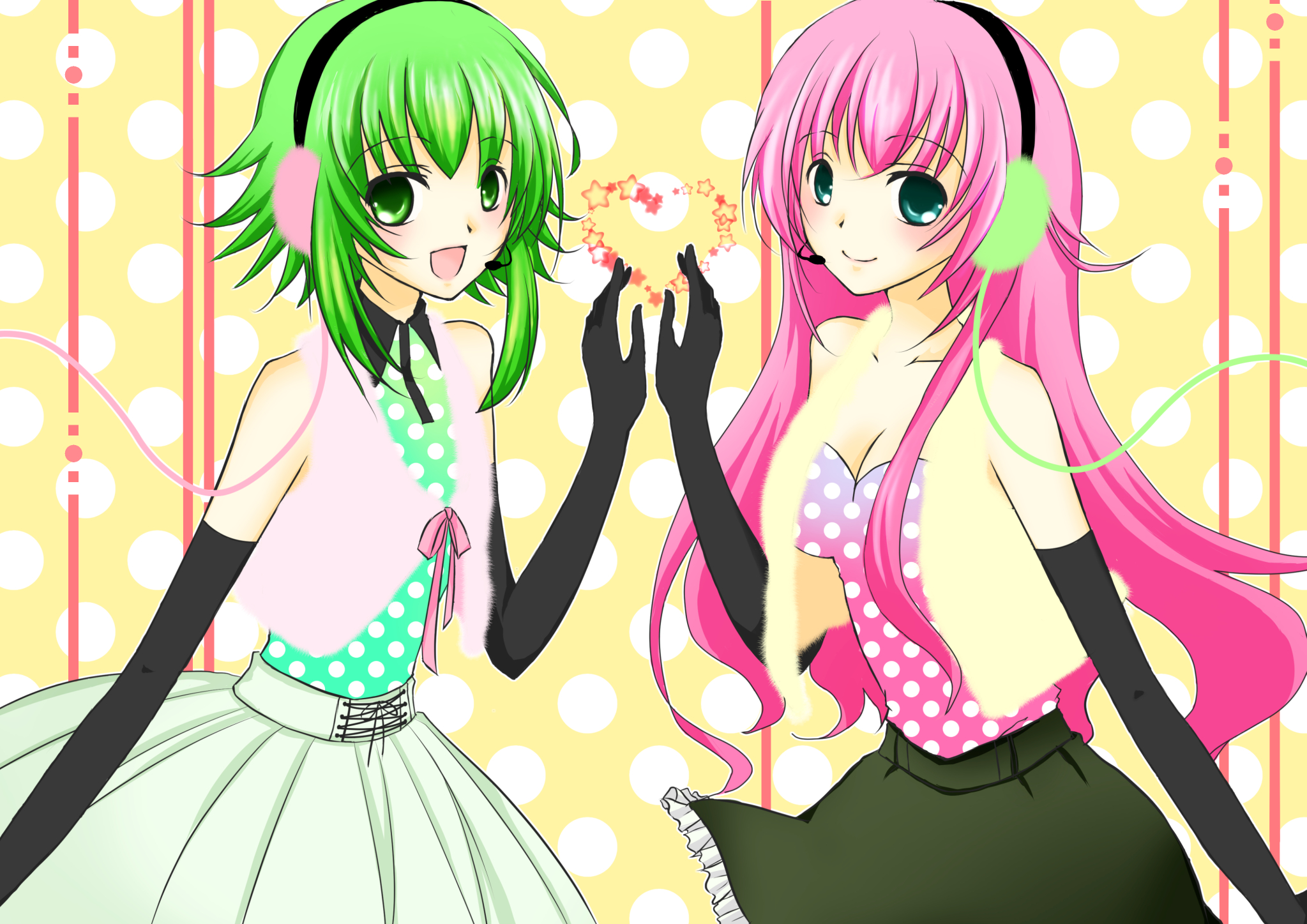 cochis1322, gumi, megurine luka, happy synthesizer (vocaloid), vocaloid, highres, 2girls, blue eyes, elbow gloves, gloves, green eyes, green hair, headphones, headset, long hair, looking at viewer, multiple girls, open mouth, pink hair, polka dot, polka dot shirt, shirt, short hair, skirt, smile, thighhighs