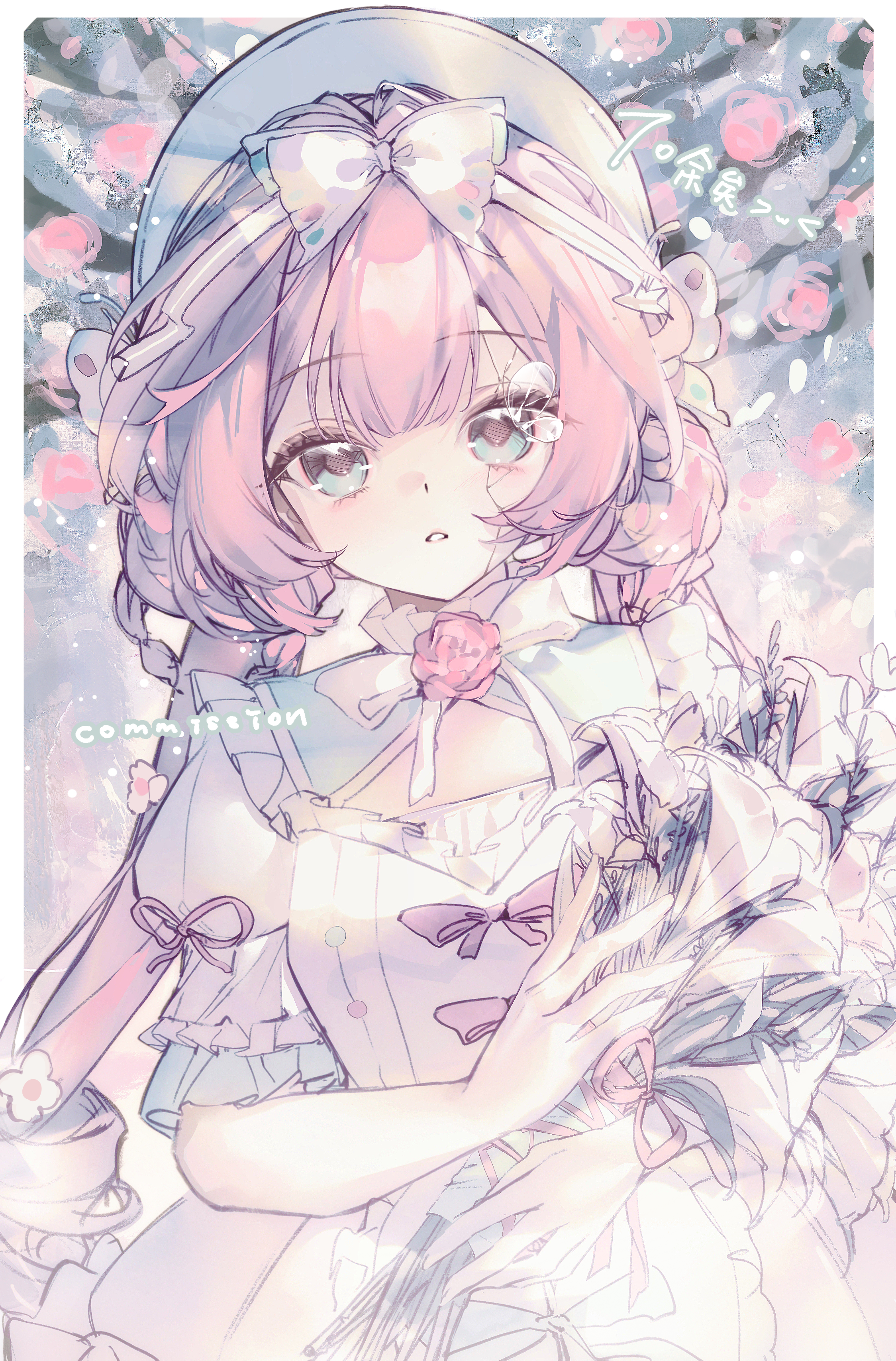 original, absurdres, highres, 1girl, blue eyes, border, bouquet, bow, bowtie, dress, flower, frilled sleeves, frills, hat, holding, holding bouquet, long hair, looking at viewer, outside border, parted lips, pink hair, red flower, red rose, rose, short sleeves, solo, upper body, white border, white bow, white bowtie, white dress, white hat, xiao xia pin pan