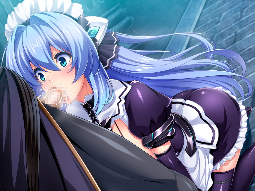 inoino, exs-tia, katsuragi marina, kouyoku senki exs-tia, game cg, large variant set, non-web source, official art, variant set, 1boy, 1girl, apron, black pants, blue eyes, blue hair, blush, boots, breasts, brick floor, censored, chain, collar, cum, cum in mouth, dutch angle, elbow gloves, fellatio, floating hair, frilled skirt, frills, gloves, hair between eyes, hair intakes, headgear, hetero, kneeling, large breasts, long hair, maid, maid headdress, miniskirt, mosaic censoring, oral, pants, penis, puffy short sleeves, puffy sleeves, purple gloves, purple skirt, purple thighhighs, short sleeves, skirt, solo focus, thigh boots, thighhighs, very long hair, waist apron, white apron, wide-eyed, zettai ryouiki