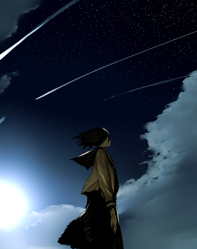 onigunsou, original, 1girl, black hair, cloud, comet, female focus, looking up, night, school uniform, serafuku, shooting star, sky, solo, star (sky), star (symbol), starry sky