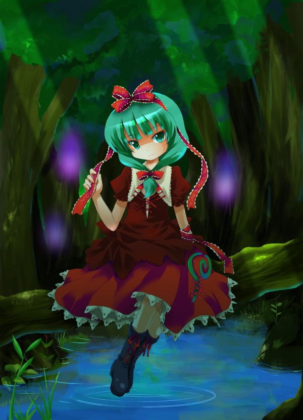 michii yuuki, kagiyama hina, touhou, 1girl, female focus, forest, front ponytail, nature, outdoors, plant, sitting, solo, tree, water