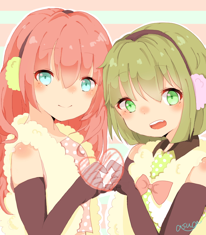 gumi, megurine luka, happy synthesizer (vocaloid), vocaloid, 2girls, aneru0, blue eyes, elbow gloves, gloves, green eyes, green hair, headphones, headset, long hair, looking at viewer, multiple girls, open mouth, pink hair, shirt, short hair, skirt, smile