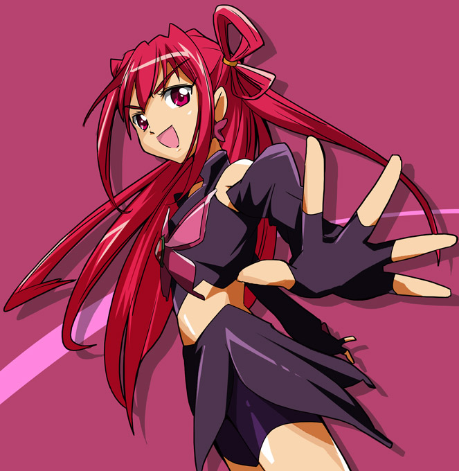 ixy, dark dream, precure, yes! precure 5, 00s, 1girl, :d, bare shoulders, bike shorts, bike shorts under skirt, brooch, cowboy shot, dark cure (yes! precure 5), earrings, elbow gloves, female focus, flat chest, foreshortening, gloves, half updo, halterneck, jewelry, long hair, looking at viewer, looking back, midriff, miniskirt, open mouth, outstretched arms, pointy ears, profile, puffy sleeves, purple background, red eyes, red hair, scrunchie, shadow, shorts, shorts under skirt, side slit, sidelocks, simple background, skirt, smile, solo, spread arms, standing, turtleneck, two side up, very long hair