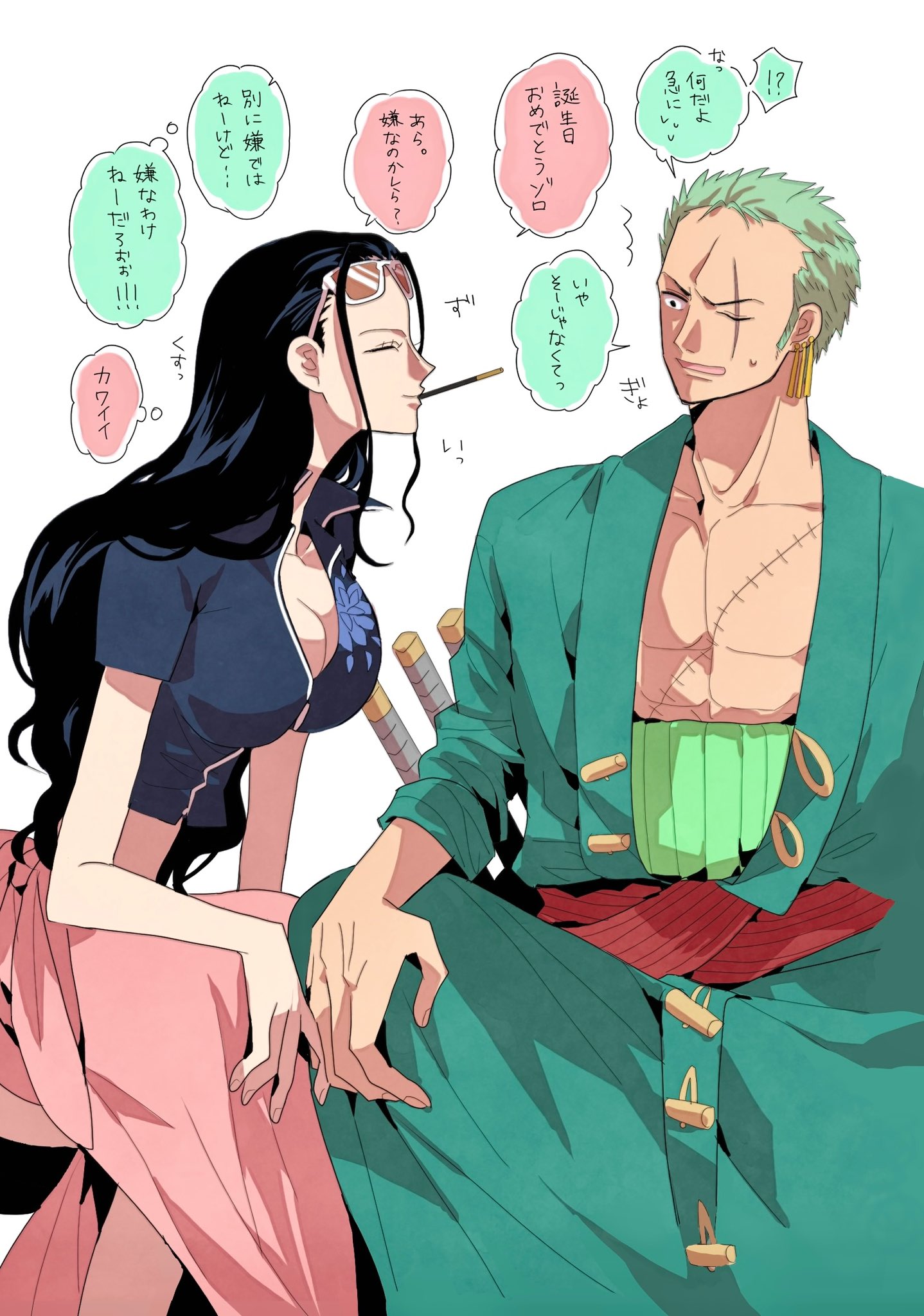 may snmk, nico robin, roronoa zoro, one piece, highres, translation request, 1boy, 1girl, ^ ^, black hair, blue jacket, closed eyes, crop top, earrings, eyewear on head, green hair, green kimono, haramaki, jacket, japanese clothes, jewelry, kimono, long hair, one eye closed, pink sarong, red sash, sarong, sash, scar, scar across eye, scar on face, short hair, sidelocks, simple background, sitting, speech bubble, stitched face, stitches, sweatdrop, white background