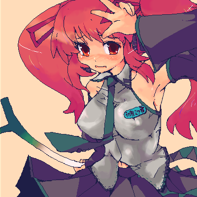 asahina mikuru, hatsune miku, suzumiya haruhi no yuuutsu, vocaloid, lowres, cosplay, hatsune miku (cosplay), necktie, oekaki, official alternate hairstyle, red hair, solo, spring onion, twintails