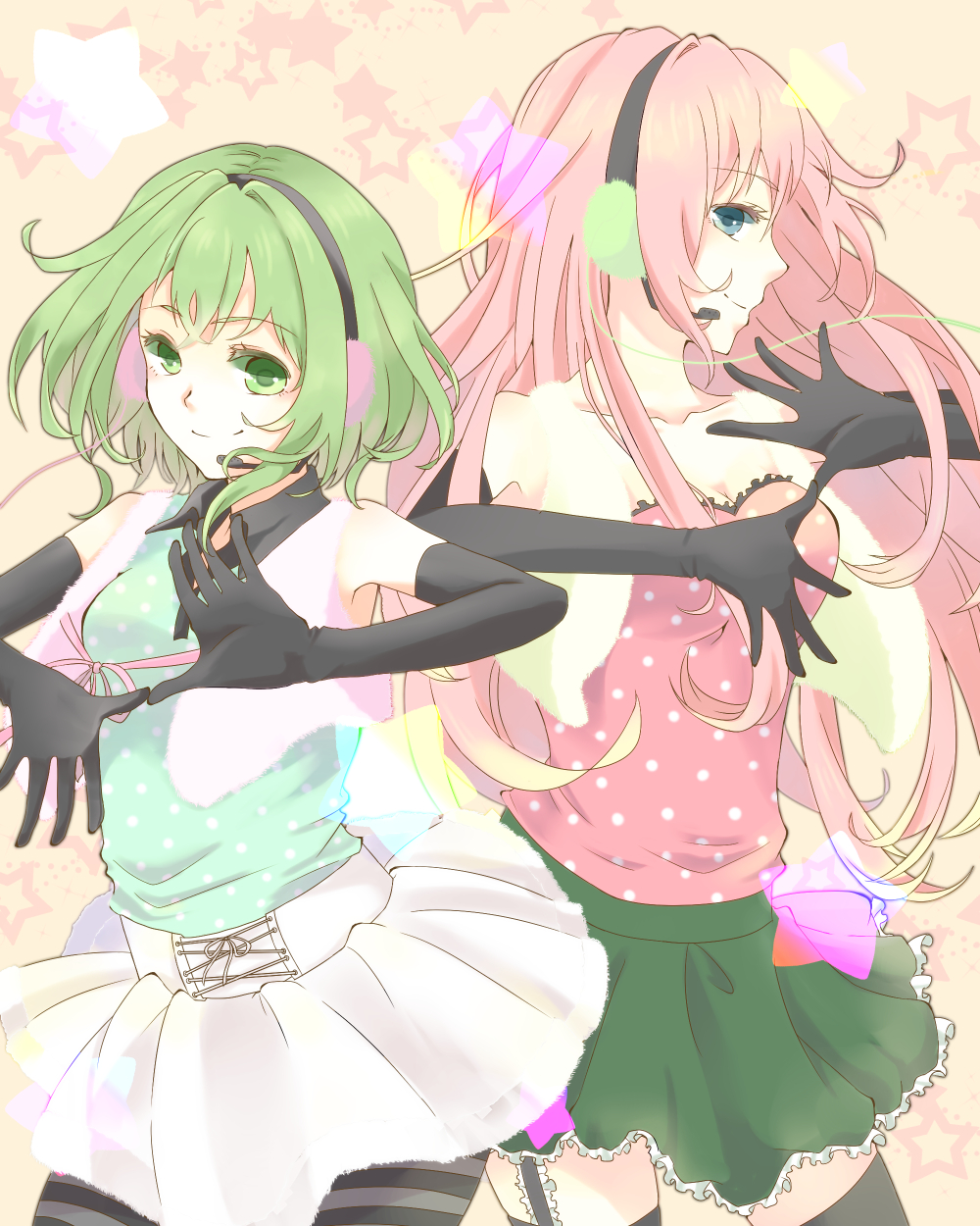 shiina shizuku, gumi, megurine luka, happy synthesizer (vocaloid), vocaloid, highres, 2girls, blue eyes, elbow gloves, fur vest, gloves, green eyes, green hair, headphones, headset, long hair, looking at viewer, multiple girls, pantyhose, pink hair, polka dot, polka dot shirt, shirt, short hair, skirt, smile, thighhighs