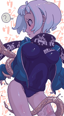 hoshi kubi, space invaders, lowres, 1girl, ?, blush, breasts, female focus, hood, hoodie, jacket, large breasts, oekaki, one-piece swimsuit, scarf, school swimsuit, short hair, solo, swimsuit, swimsuit under clothes, tentacles, white hair