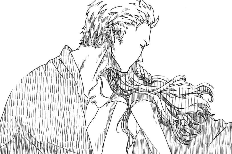 nikoban, nico robin, roronoa zoro, one piece, commentary request, 1boy, 1girl, greyscale, hug, long hair, monochrome, parted lips, profile, short hair, simple background, upper body
