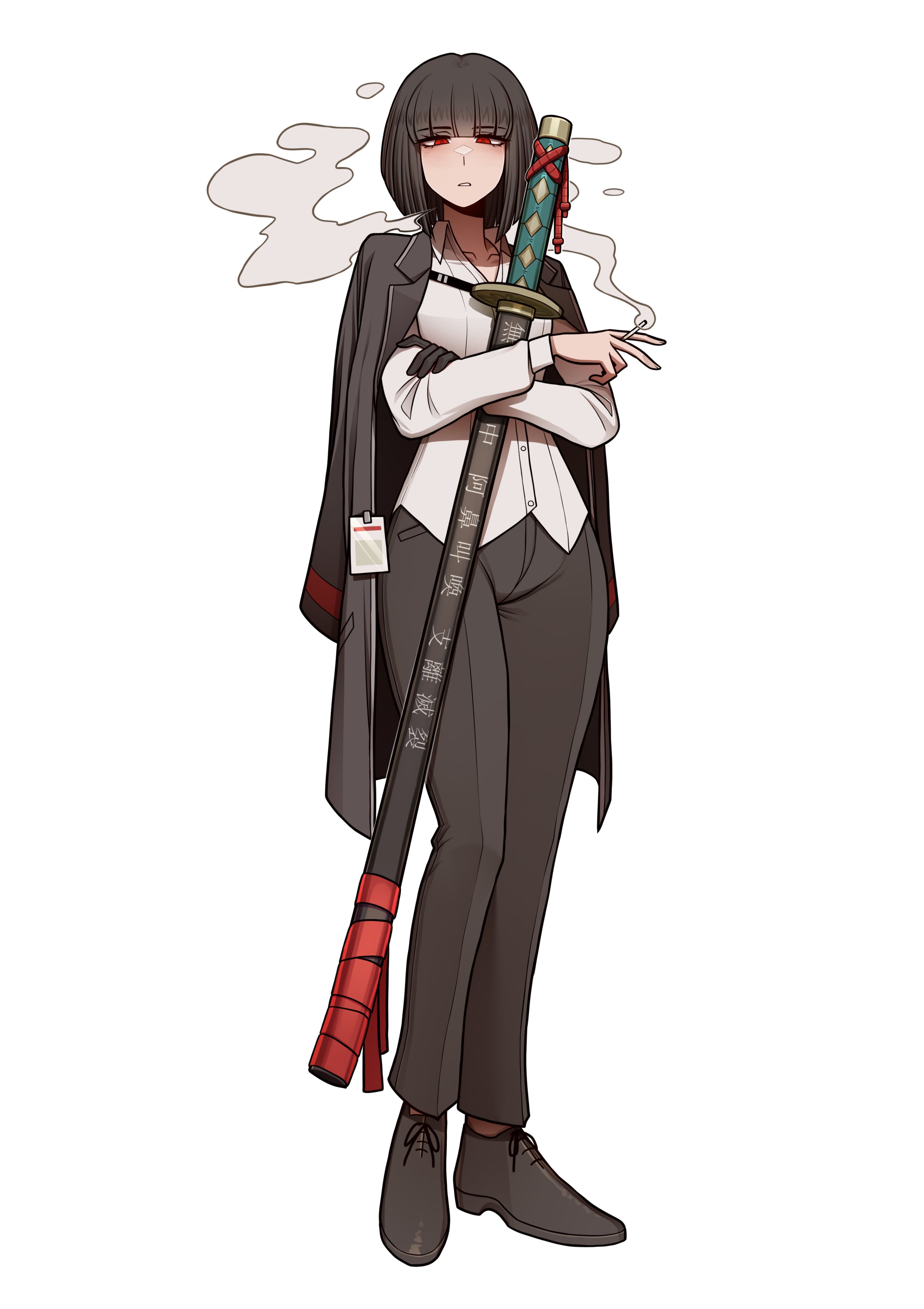 misg1111, ryoshu (project moon), limbus company, project moon, absurdres, highres, 1girl, black coat, black hair, black pants, black shoes, bob cut, cigarette, coat, coat on shoulders, collared shirt, full body, gloves, holding, holding sword, holding weapon, long sleeves, looking at viewer, pants, red eyes, shirt, shoes, short hair, simple background, single glove, smoking, solo, standing, sword, weapon, white background, white shirt