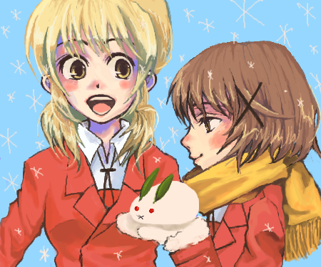 miyako (hidamari sketch), yuno (hidamari sketch), hidamari sketch, lowres, 00s, 2girls, multiple girls, oekaki, scarf, snow rabbit