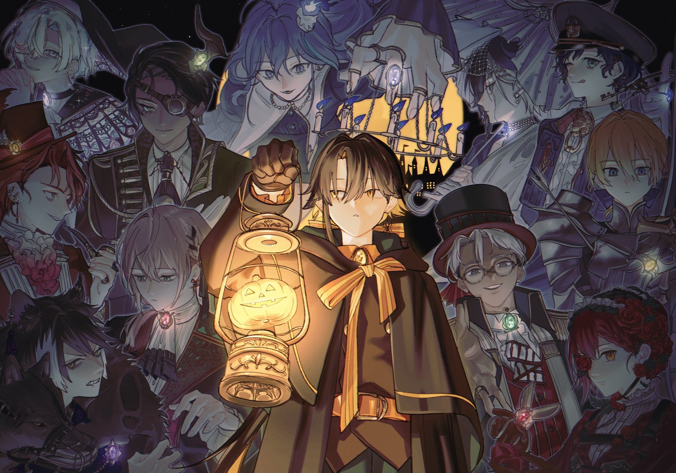 momiage 40, aragami oga, arurandeisu, astel leda, hanasaki miyabi, kageyama shien, kanade izuru, kishido temma, minase rio, rikka (holostars), utsugi uyu, yatogami fuma, yukoku roberu, holostars, commentary, highres, symbol-only commentary, 6+boys, ;q, aiguillette, alternate costume, alternate hairstyle, animal ear piercing, animal ears, antenna hair, aqua eyes, aqua hair, armor, arrow (projectile), arrow in body, ascot, beckoning, bell sleeves, belt, belt buckle, bent over, black ascot, black cape, black capelet, black choker, black coat, black gloves, black hair, black hairband, black hat, black jacket, black necktie, black ribbon, black sailor collar, black shorts, black veil, blonde hair, blue bow, blue eyes, blue fire, blue gemstone, blue hair, blue jacket, blue shirt, bow, bowtie, braid, braided bangs, breastplate, brooch, brown hat, brown vest, buckle, buttons, candle, cape, capelet, castle, center frills, chandelier, chest harness, chin strap, choker, clenched teeth, clock hands, closed mouth, coat, coif, collared jacket, collared shirt, colored skin, comb over, cracked skin, cropped jacket, curtained hair, dark-skinned male, dark skin, demon horns, diamond button, doorknob, double-breasted, double-parted bangs, dress, ear covers, earclip, earrings, epaulettes, everyone, expressionless, fang, finger twirl, fire, flower, flower over eye, fold-over collar, footprints, frilled dress, frilled jacket, frilled shirt collar, frilled umbrella, frills, full armor, full moon, fur cape, furrowed brow, gardening shears, gauntlets, gem, gem hat ornament, glasses, gloves, glowing gem, gold trim, gradient ascot, green eyes, green gemstone, grey eyes, grey hair, grey hat, grin, group picture, hair behind ear, hair between eyes, hair bow, hair bun, hair flower, hair ornament, hair over one eye, hair over shoulder, hair ribbon, hairband, hairclip, halloween, halloween costume, hand on own chest, hand up, harness, hat, hat feather, hat ornament, hitodama, holding, holding lamp, holding scissors, holding smoking pipe, holding sword, holding umbrella, holding weapon, hood, hood down, hooded capelet, horn ornament, horns, jack-o'-lantern, jackal, jackal boy, jackal ears, jacket, jewelry, kerosene lamp, key, keyring, knight, lapels, light smile, lolita hairband, long hair, long sleeves, looking ahead, looking at another, looking at viewer, looking down, low ponytail, male focus, medium hair, mini hat, mole, mole under eye, monocle, moon, multicolored hair, multicolored skin, multiple boys, multiple rings, musical staff, musical staff print, muzzle (mask), necklace, necktie, night, number earrings, offering hand, one eye closed, one eye covered, open clothes, open coat, open jacket, open mouth, orange belt, orange bow, orange bowtie, orange eyes, orange gemstone, orange hair, orange jacket, orange shirt, ornate ring, own hands clasped, own hands together, pale skin, parasol, parted lips, pauldrons, peaked cap, pearl choker, pearl earrings, pearl necklace, pendant choker, petrification, pink ascot, pink gemstone, pink hair, plate armor, ponytail, portrait, print capelet, profile, puppet rings, puppet strings, puritan collar, purple eyes, purple gemstone, purple hair, purple hat, purple jacket, purple shirt, railing, red flower, red gemstone, red gloves, red hair, red jacket, red rose, red vest, ribbon, ribbon braid, ring, rose, sailor collar, scissors, scowl, shirt, short hair, short ponytail, shorts, shoulder armor, side braid, sideways glance, single hair bun, single horn, sky, slit pupils, smile, smirk, smoking pipe, sparkle, spider earrings, stained glass print, star (sky), starry sky, stole, streaked hair, striped bow, striped bowtie, striped clothes, stud earrings, sweater guard, swept bangs, sword, tassel, tassel earrings, teeth, tilted headwear, tongue, tongue out, top hat, tuxedo shirt, two-tone ascot, two-tone hair, two-tone skin, umbrella, umbrella over shoulder, umbrella ribbon, upper body, veil, very long hair, vest, virtual youtuber, weapon, white ascot, white capelet, white gemstone, white gloves, white hair, white shirt, white umbrella, white veil, yellow eyes, yellow gemstone