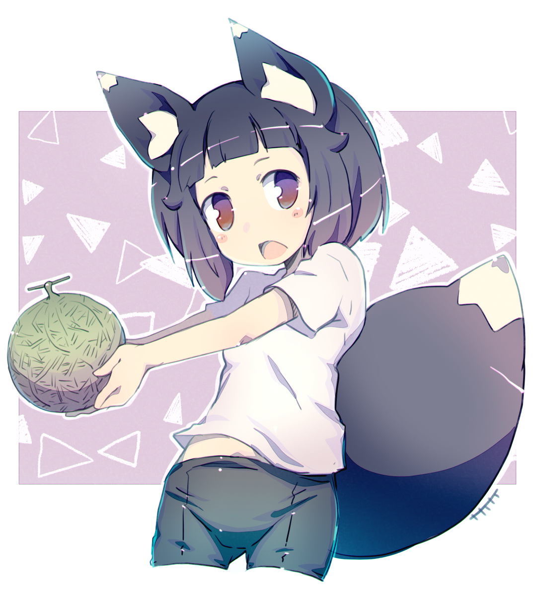 yoshi (crossmind), original, highres, 1girl, animal ear fluff, animal ears, bike shorts, black hair, black shorts, brown eyes, food, fox ears, fox girl, fox tail, fruit, groin, gym uniform, melon, open mouth, shirt, short hair, short shorts, short sleeves, shorts, solo, standing, tail, white shirt