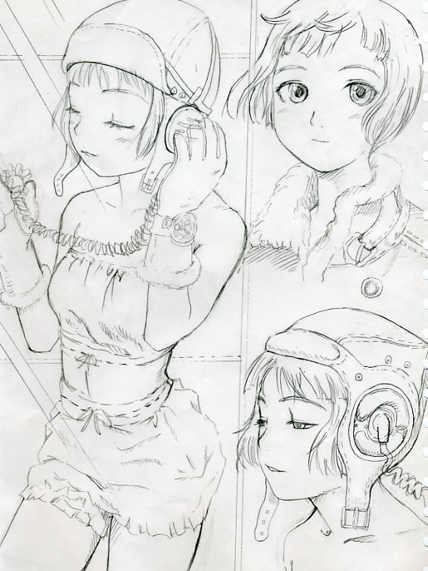 hiro ichi, hiroichi, lavie head, last exile, jpeg artifacts, traditional media, 00s, 1girl, bob cut, closed eyes, greyscale, hat, headphones, midriff, monochrome, short hair, shorts, steampunk