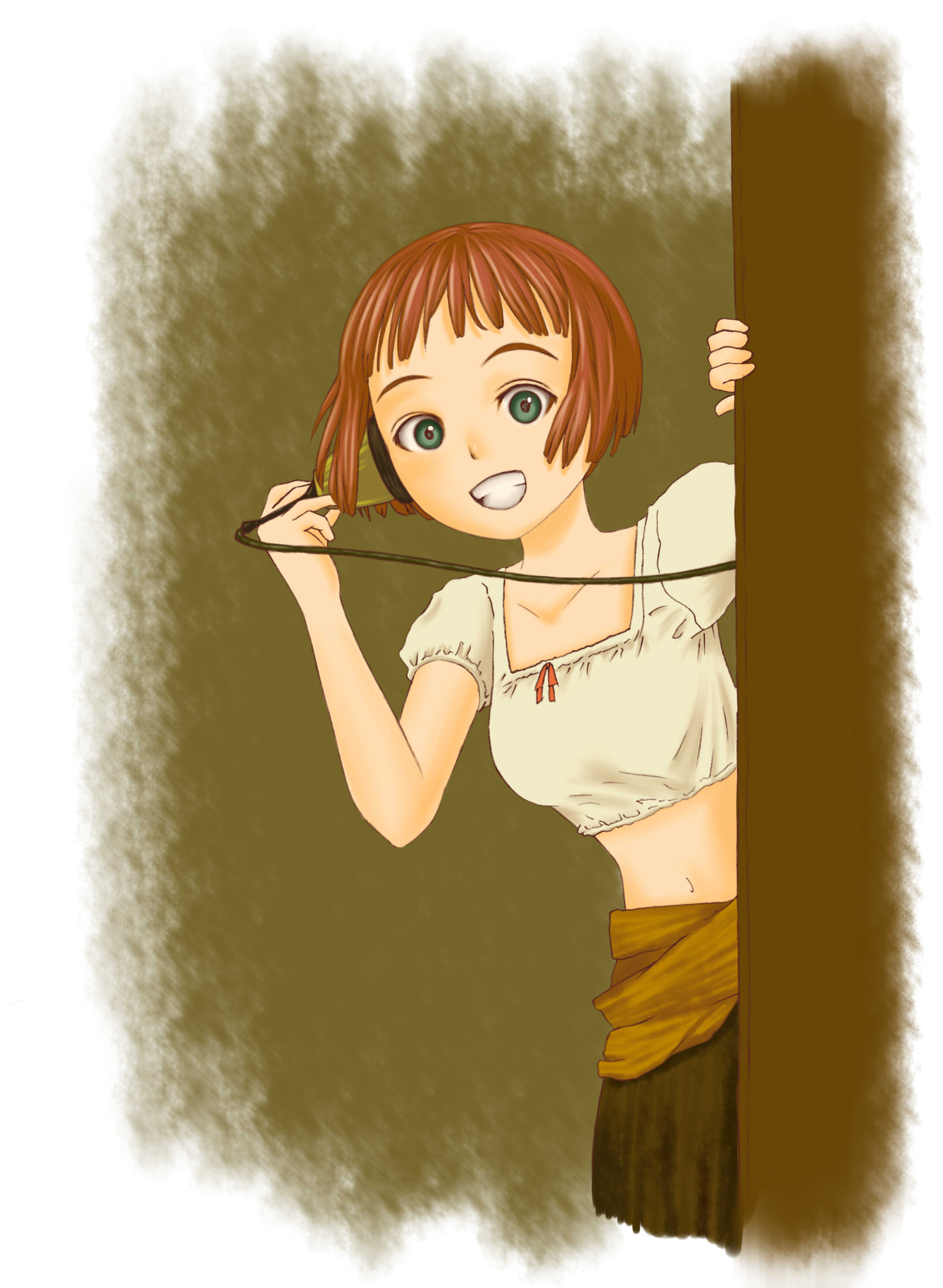 chomo, chomo (asymmate), lavie head, last exile, absurdres, bad id, bad pixiv id, highres, 00s, 1girl, bob cut, corded phone, female focus, green eyes, midriff, phone, red hair, short hair, smile, solo