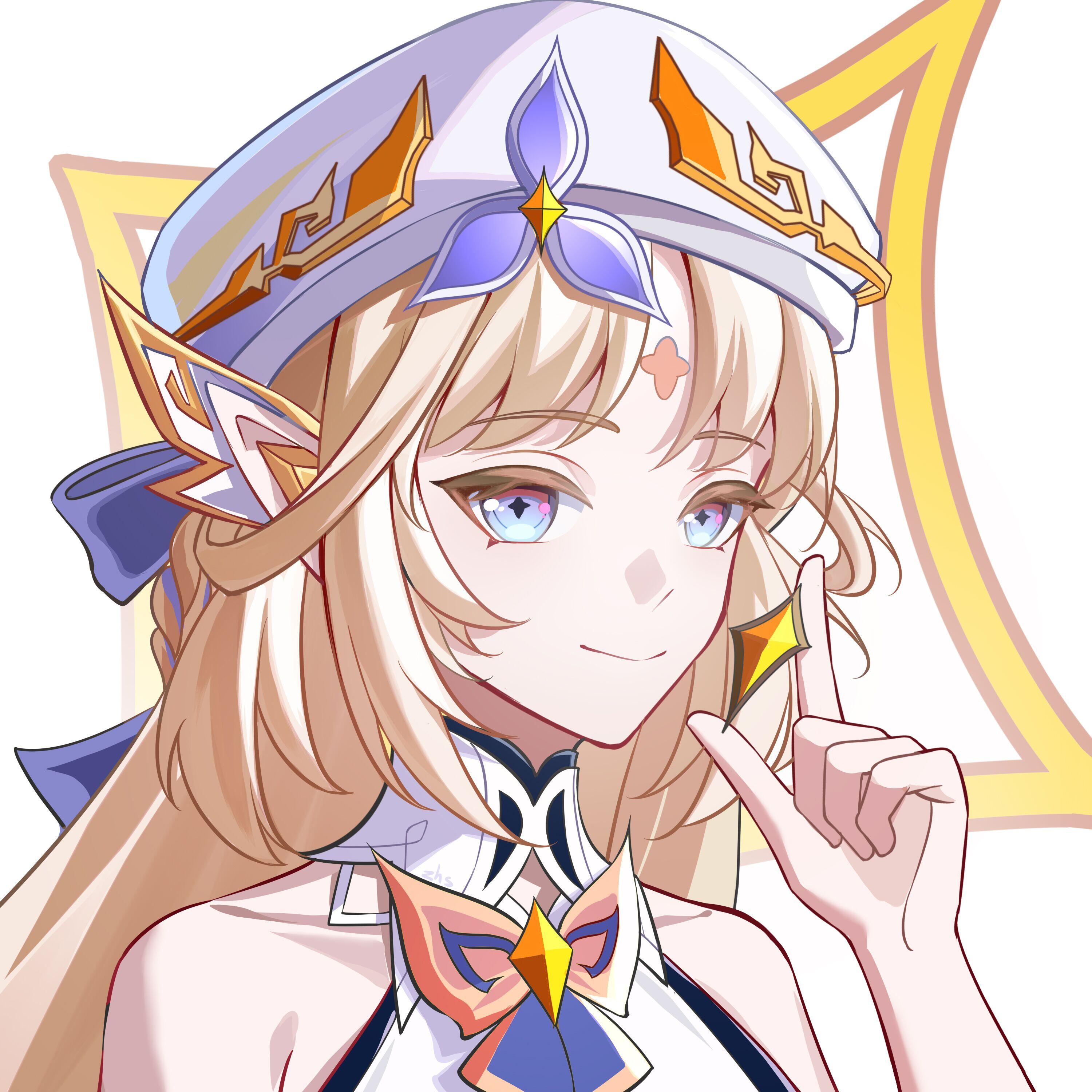 nicole reeyn, genshin impact, absurdres, bad source, highres, 1girl, bare shoulders, beret, blonde hair, blue eyes, closed mouth, diamond (shape), ezhi zz, facial mark, forehead mark, gradient eyes, halo, hat, index finger raised, long hair, looking at viewer, multicolored eyes, pointy ears, purple eyes, red eyes, simple background, smile, solo, white background