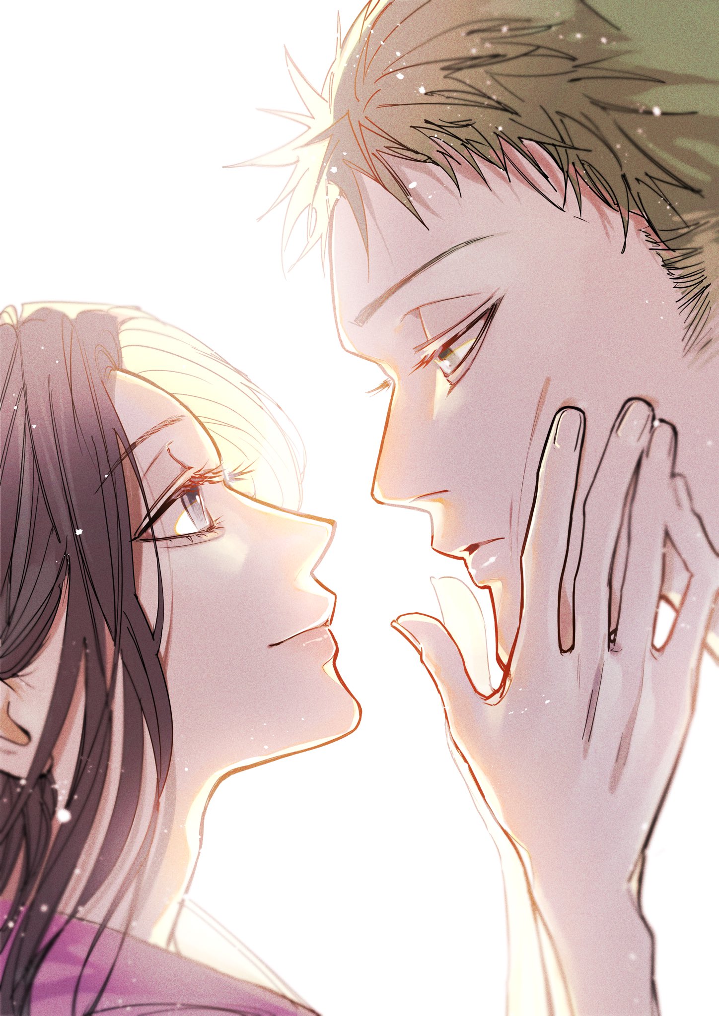 piry, roronoa zoro, one piece, commentary request, highres, 1boy, 1girl, black hair, close-up, eyelashes, green eyes, green hair, hands on another's head, sideburns, simple background, smile, white background
