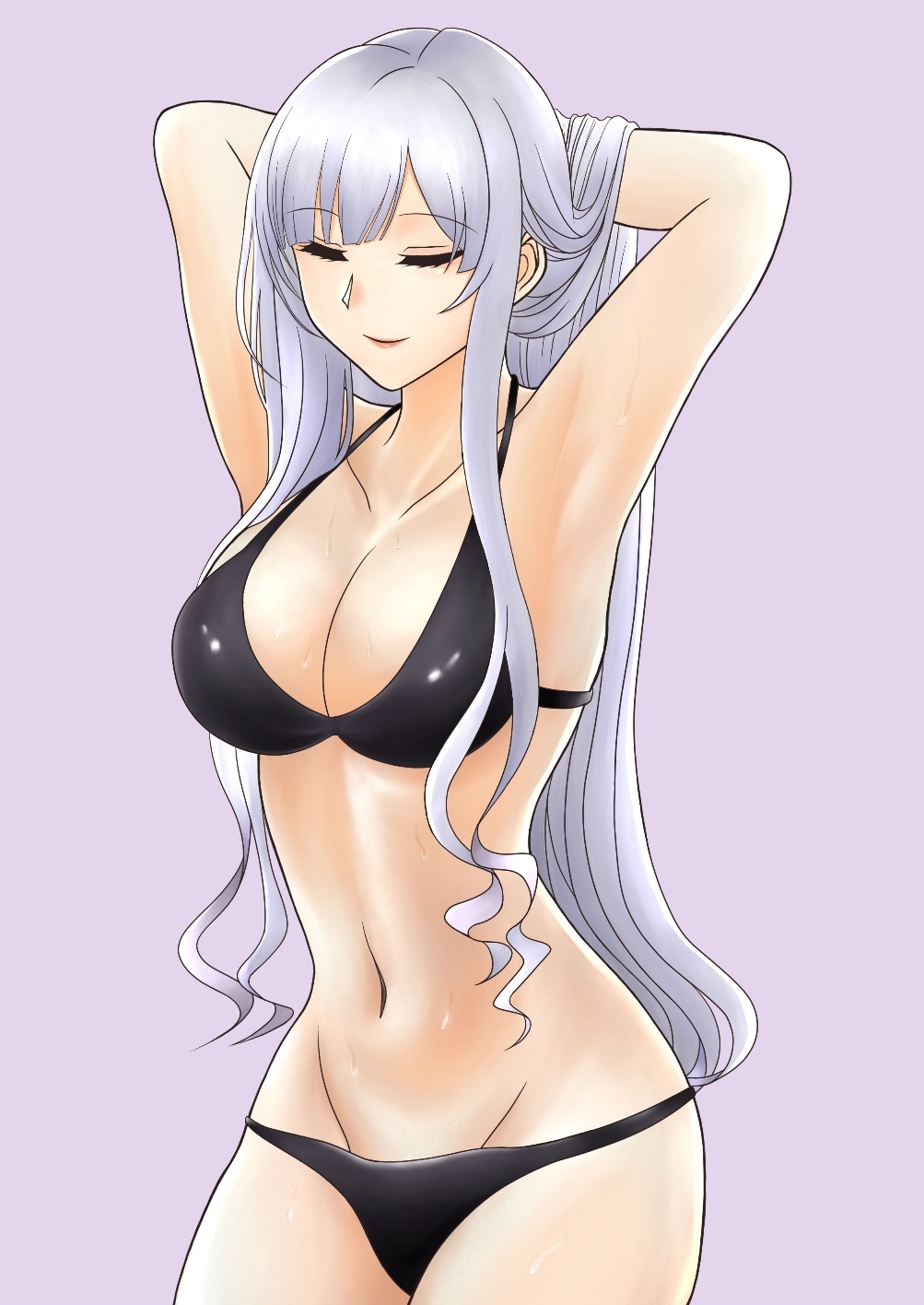 24 himehime, ak-12 (girls' frontline), girls' frontline, commentary, highres, mixed-language commentary, 1girl, alternate costume, armpits, arms behind head, bare shoulders, bikini, black bikini, breasts, cleavage, closed eyes, closed mouth, collarbone, feet out of frame, grey hair, hands in own hair, lips, long hair, medium breasts, navel, presenting armpit, sidelocks, simple background, smile, solo, standing, sweat, swimsuit, wet