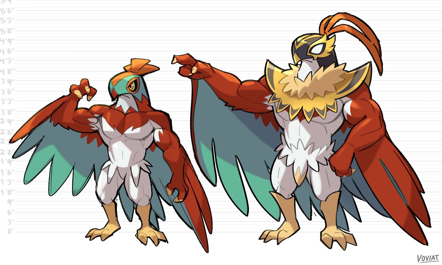 voviat, hawlucha, nintendo, pokemon, pokemon legends: z-a, commentary, english commentary, artist name, bara, black mask, feathers, gen 6 pokemon, height chart, luchador, luchador mask, mega hawlucha, mega pokemon, muscular, neck fur, pectorals, pointing, red feathers, serious, talons, white feathers, wing cape, wings, yellow eyes