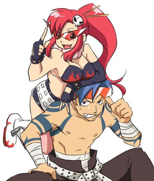 rikko, rikko (peso), kamina (ttgl), yoko littner, tengen toppa gurren lagann, 00s, 1boy, 1girl, bandages, blue hair, kamina shades, red hair, safety glasses, sarashi, sunglasses, tattoo, thighhighs, thumbs up, tinted eyewear, topless male, triangular eyewear, yellow-tinted eyewear