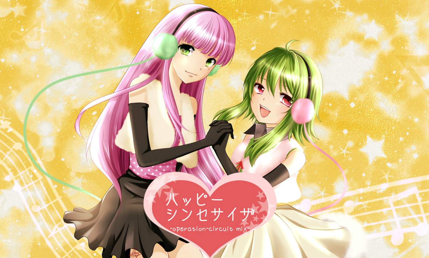 gumi, megurine luka, happy synthesizer (vocaloid), vocaloid, 2girls, blue eyes, elbow gloves, gloves, green eyes, green hair, headphones, headset, lily-mora, long hair, looking at viewer, multiple girls, open mouth, pink hair, shirt, short hair, skirt, smile, thighhighs